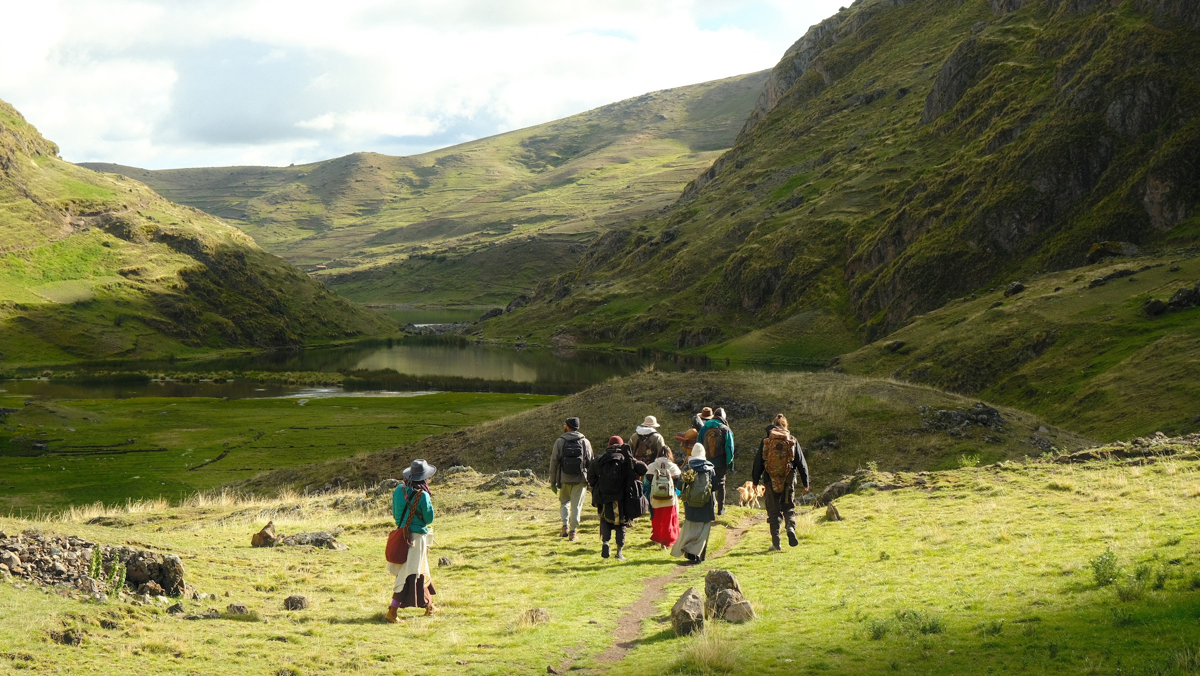 Walking together into the green mountains